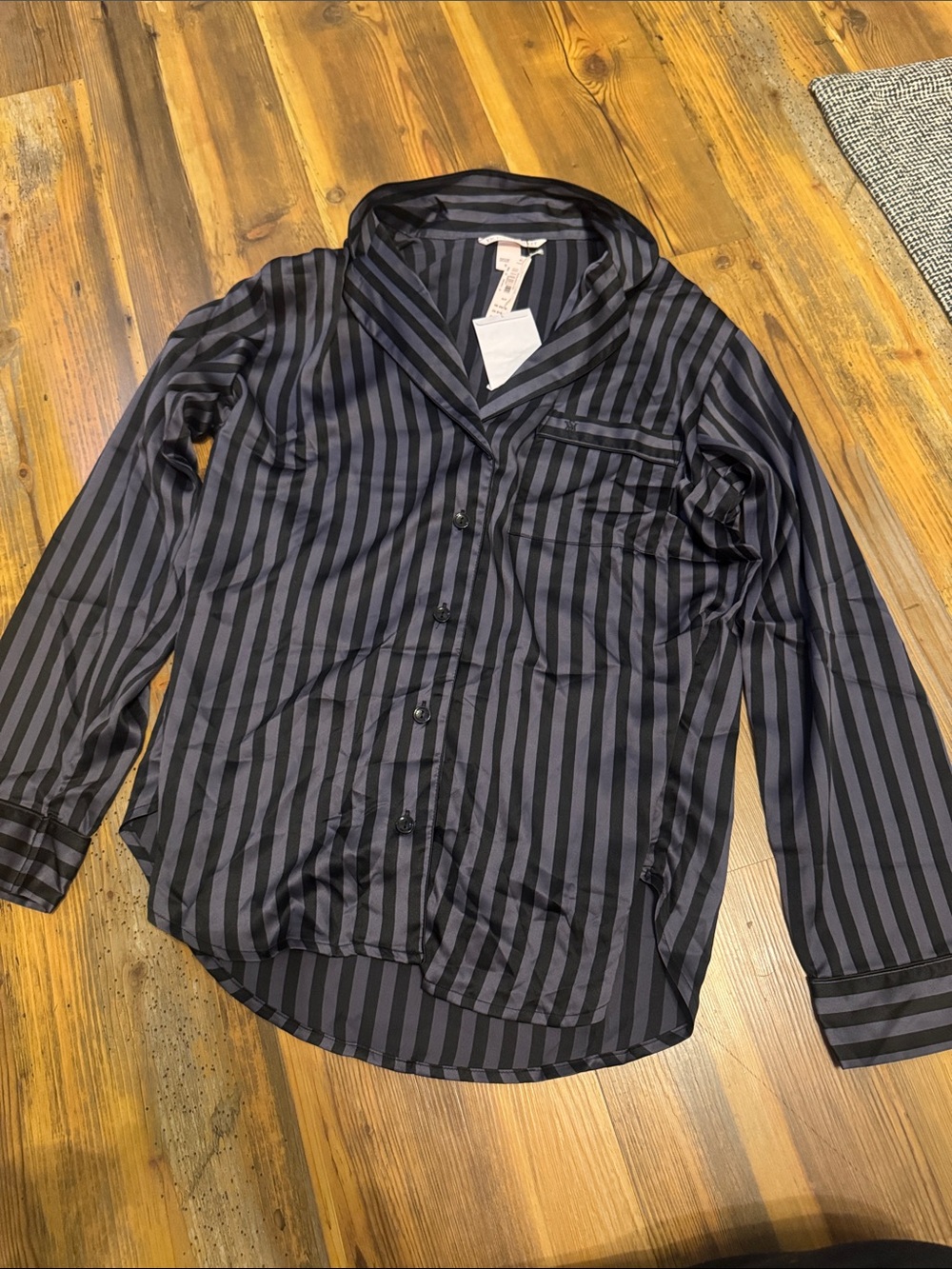 Women's Black and Charcoal Stripe Satin Pajama Top & Bottom